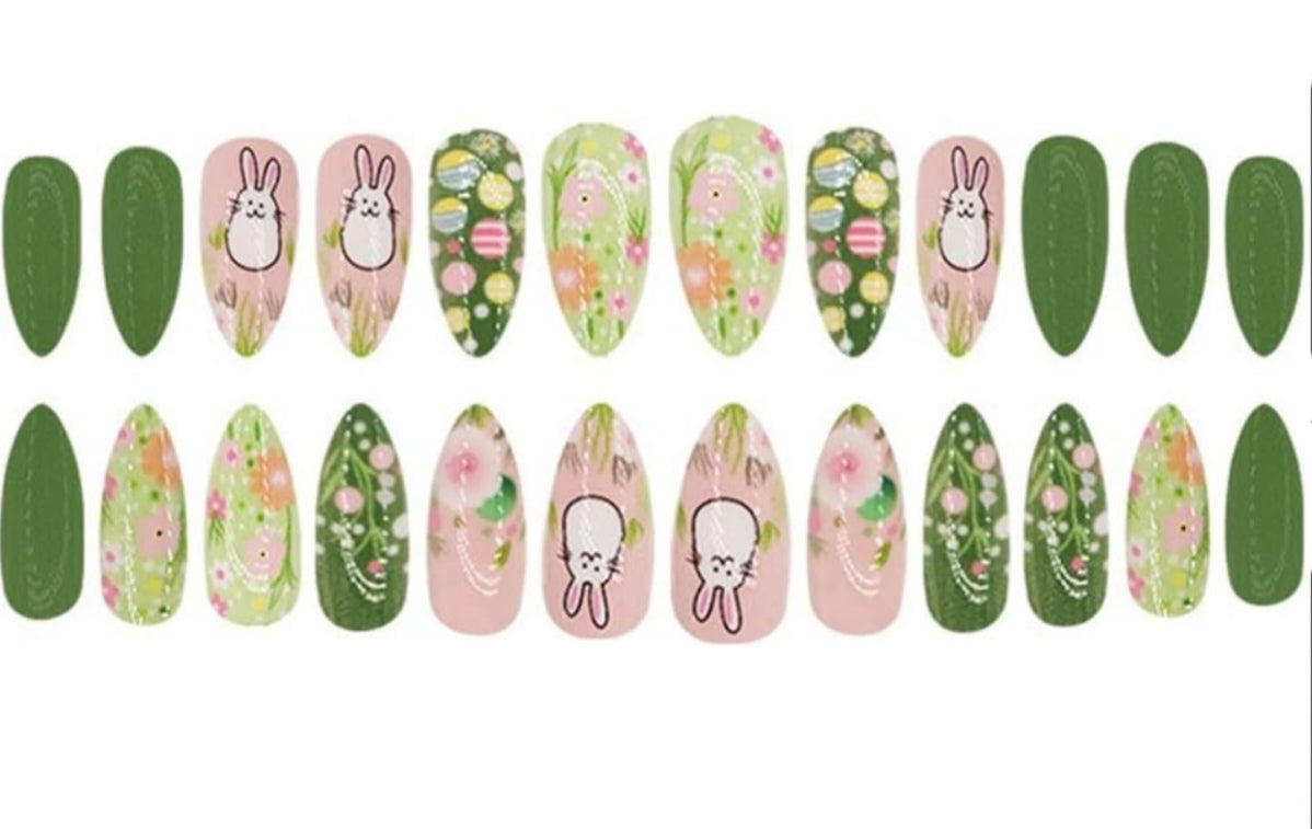 Cute Bunny Spring 3D Egg Art Floral Press-On Nails Fake Artificial Nails 24 Pcs-Free Shipping