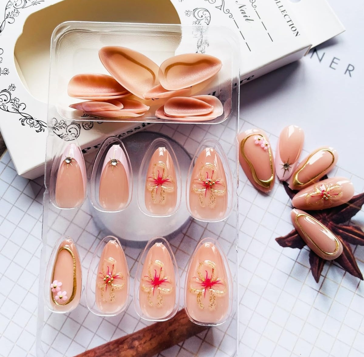 Stylish 3D Gold Floral French Rhinestone Press-On Nails Fake Nails 24 Pcs - Free Shipping