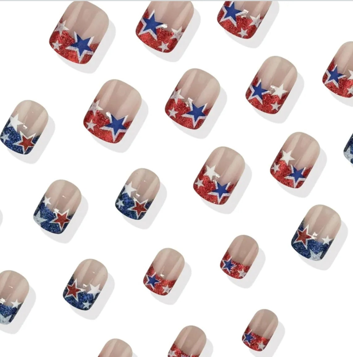 Chic French Glitter Patriotic Star Press-On Nails Fake Artificial Nails 24 Pcs-Free Shipping