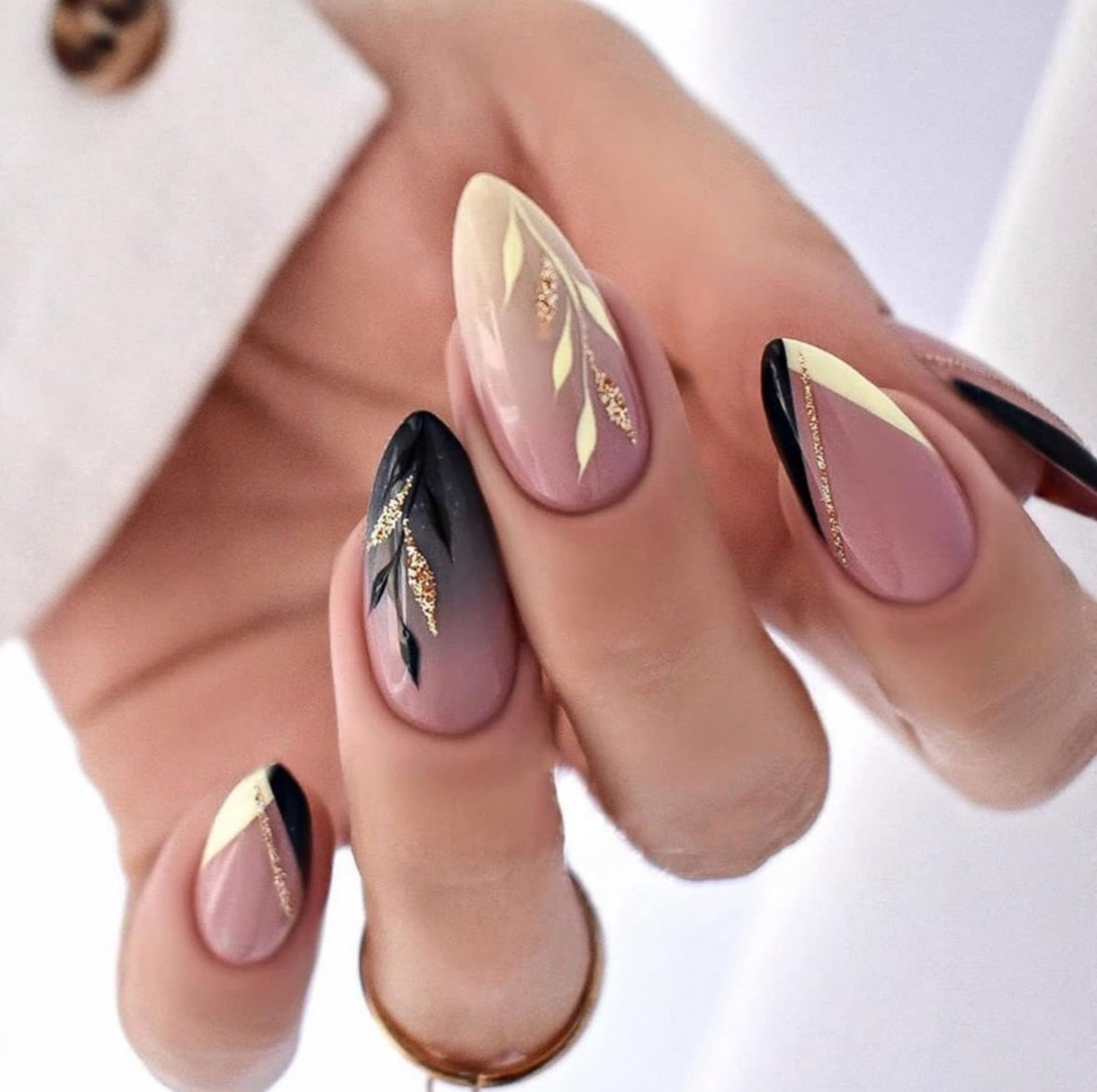 Black Sparkling Gold Glitter Leaves Press On Nails Acrylic Fake Nails - Free Shipping
