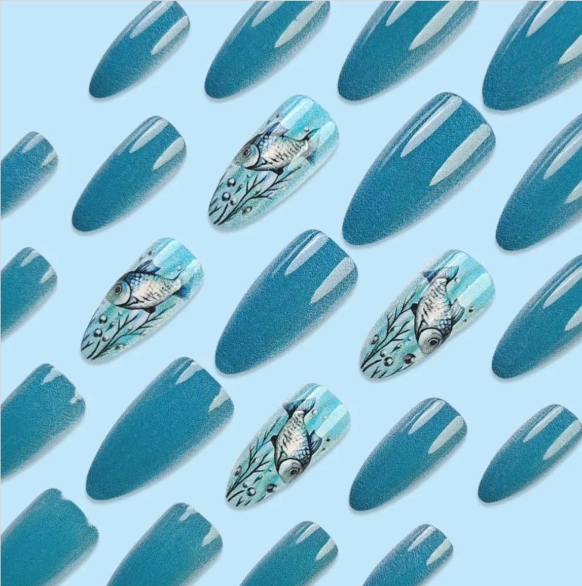 Chic Blue Ocean Fish Design Press-On Nails Fake Artificial Nails 24 Pcs – Free Shipping
