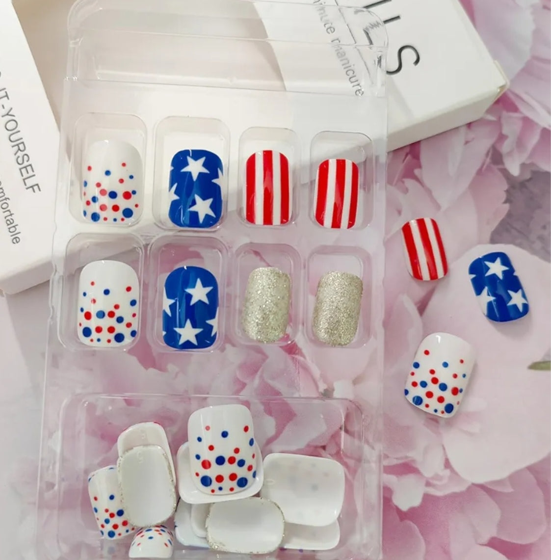 Chic Patriotic Stars Dots Glitter Press-On Nails Fake Artificial Nails 24 Pcs - Free Shipping