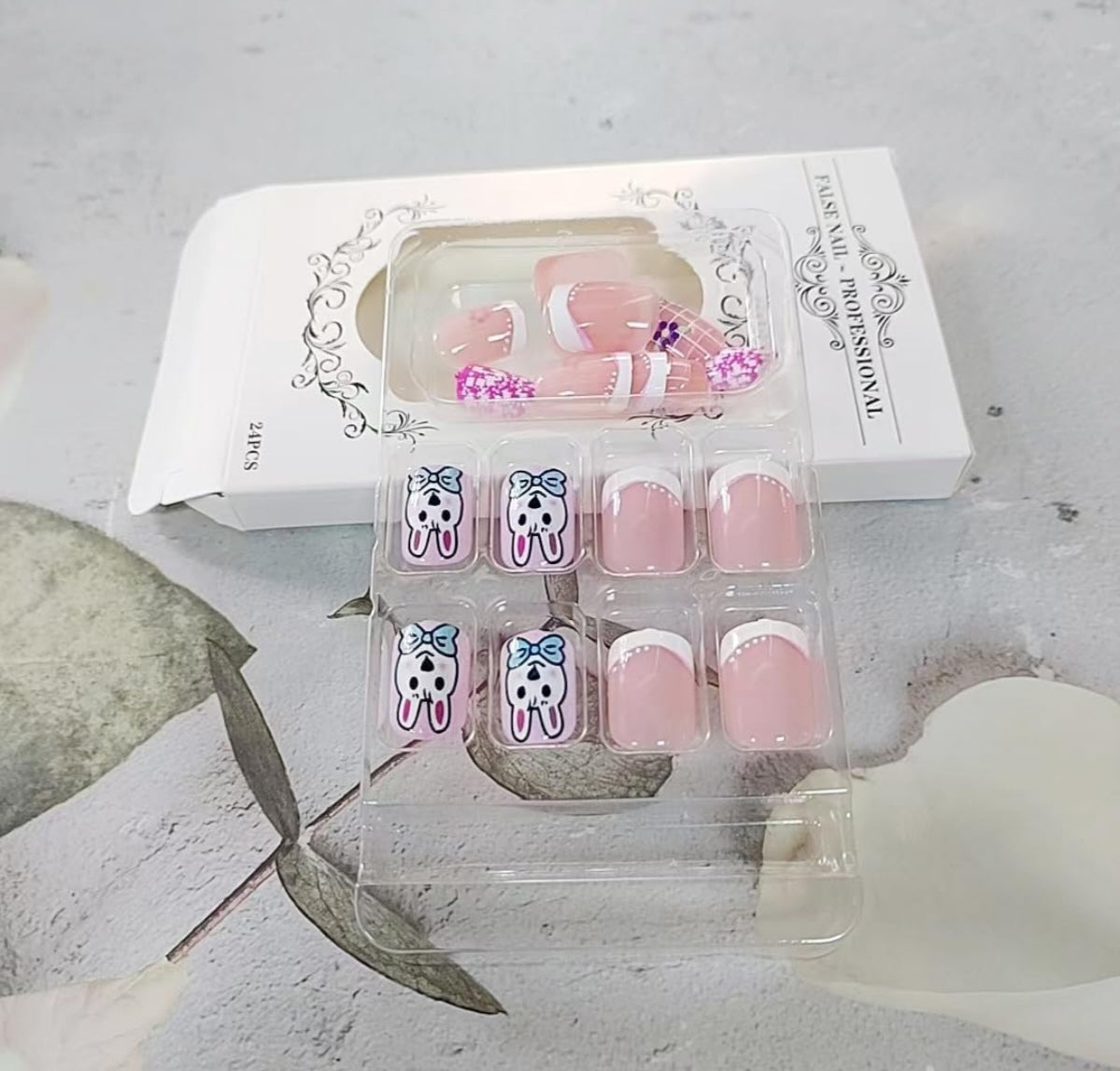 Cute Spring Bunny Floral French Press-On Nails Fake Artificial Nails 24 Pcs – Free Shipping