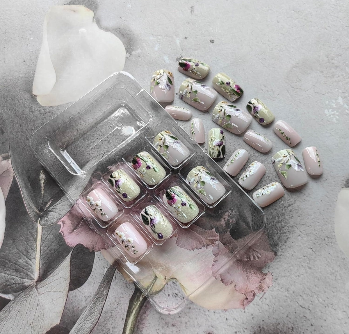 Stunning Hand-Painted Spring 3D Floral Press-On Nails Fake Artificial Nails 24 Pcs – Free Shipping