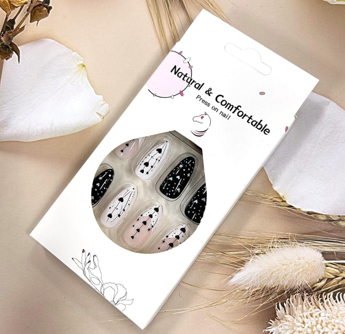 Chic Black White Heart Star Valentine's Press-On Nails Acrylic False Nails-Free Shipping