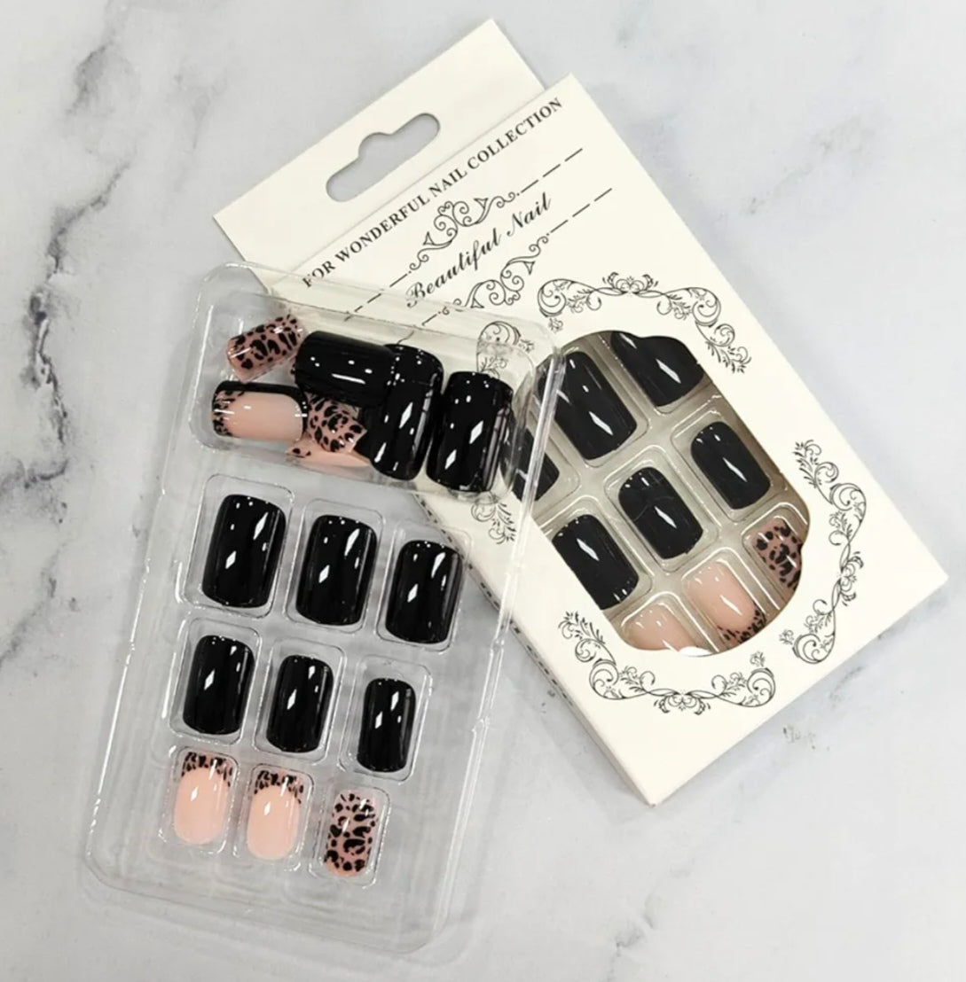 Black French Tip Leopard Print Press-On Nails Fake Artificial Nails 24 Pcs – Free Shipping