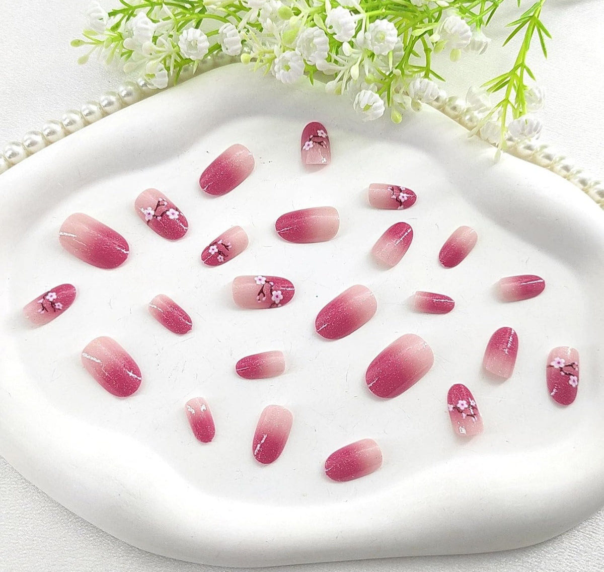 Pink Glitter Spring Cherry Blossom Press-On Nails Fake Artificial Nails 24 Pcs-Free Shipping