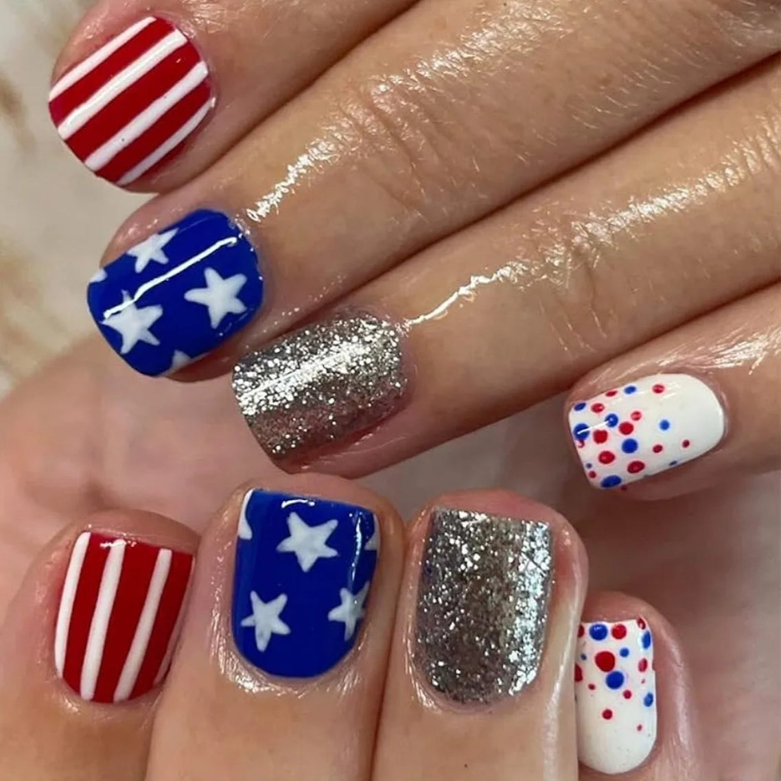 Chic Patriotic Stars Dots Glitter Press-On Nails Fake Artificial Nails 24 Pcs - Free Shipping
