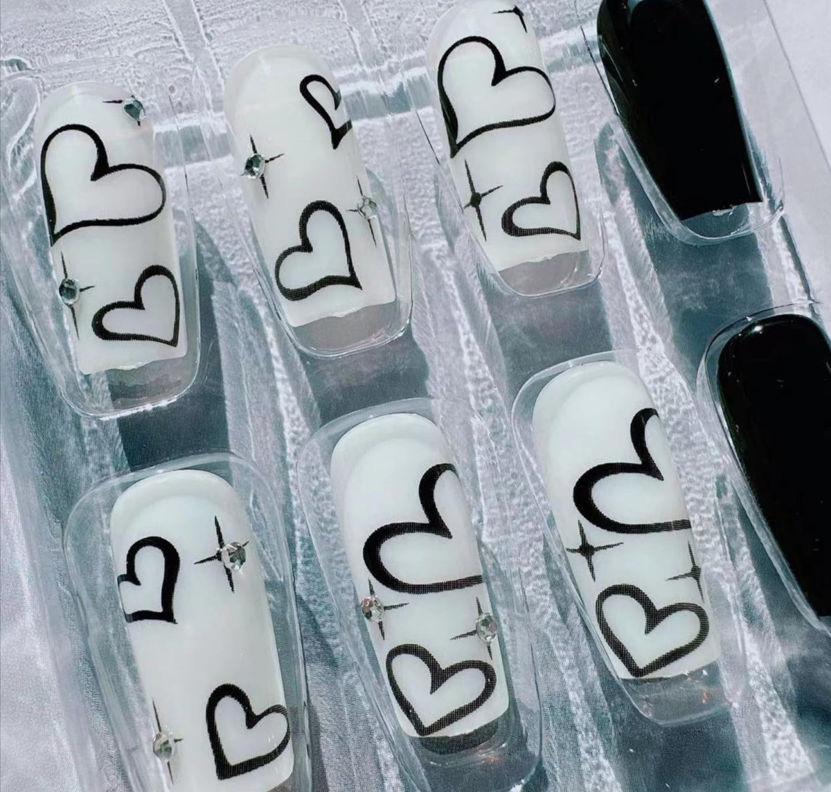 Chic Black White Heart Rhinestone Coffin Press-On Nails Acrylic False Nails-Free Shipping