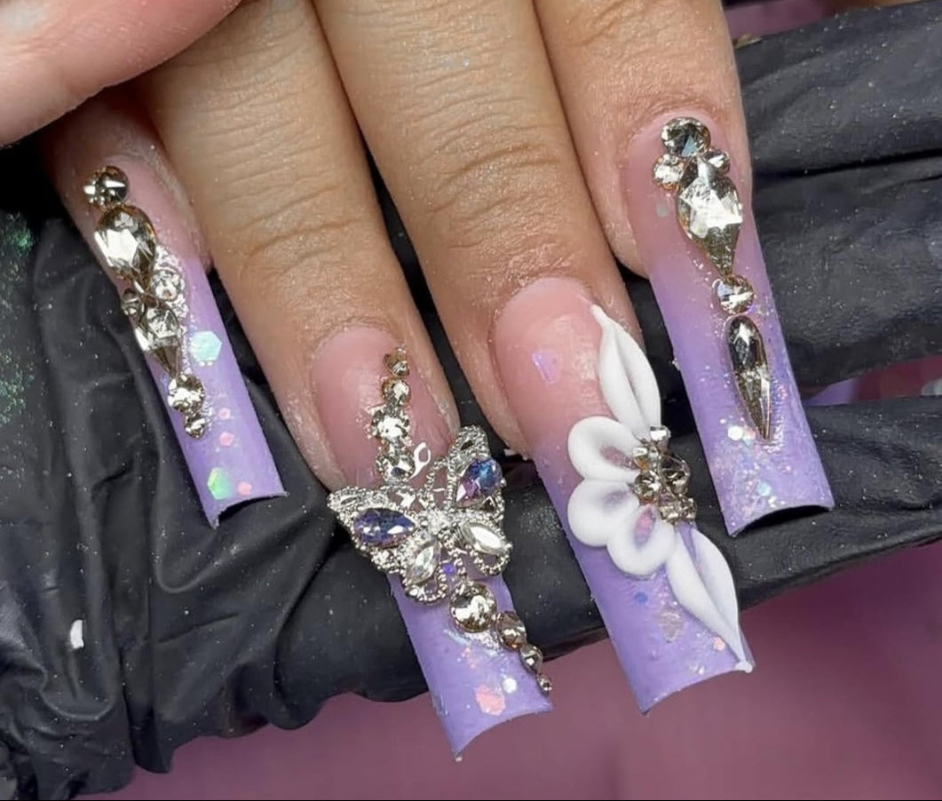Stylish Ombre 3D Floral Butterfly Rhinestone Coffin Press-On Nails Artificial Nails 24 Pcs - Free Shipping