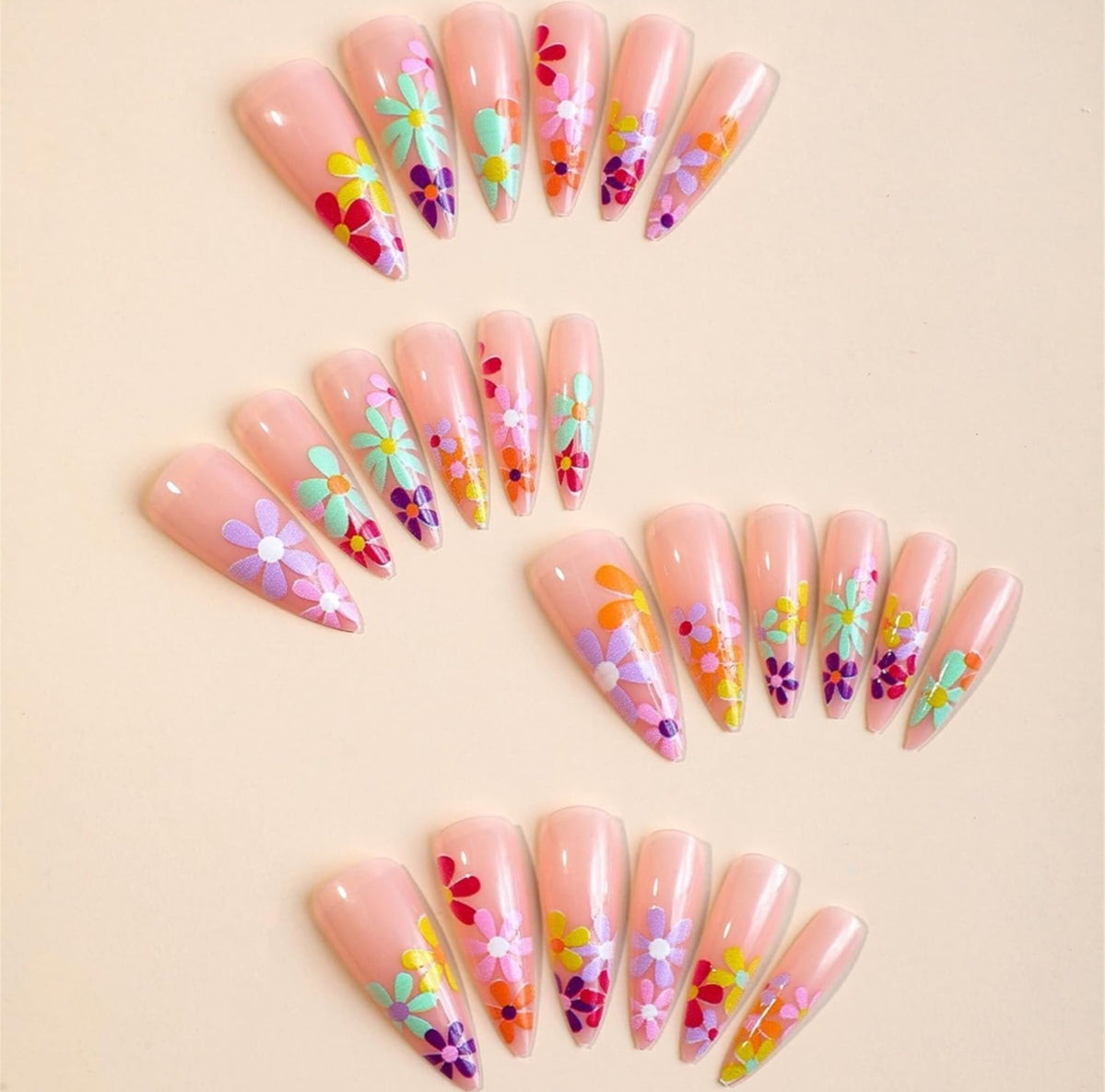 Colorful Floral Blooms Long Stiletto Press-On Nails Acrylic False Nails-Free Shipping