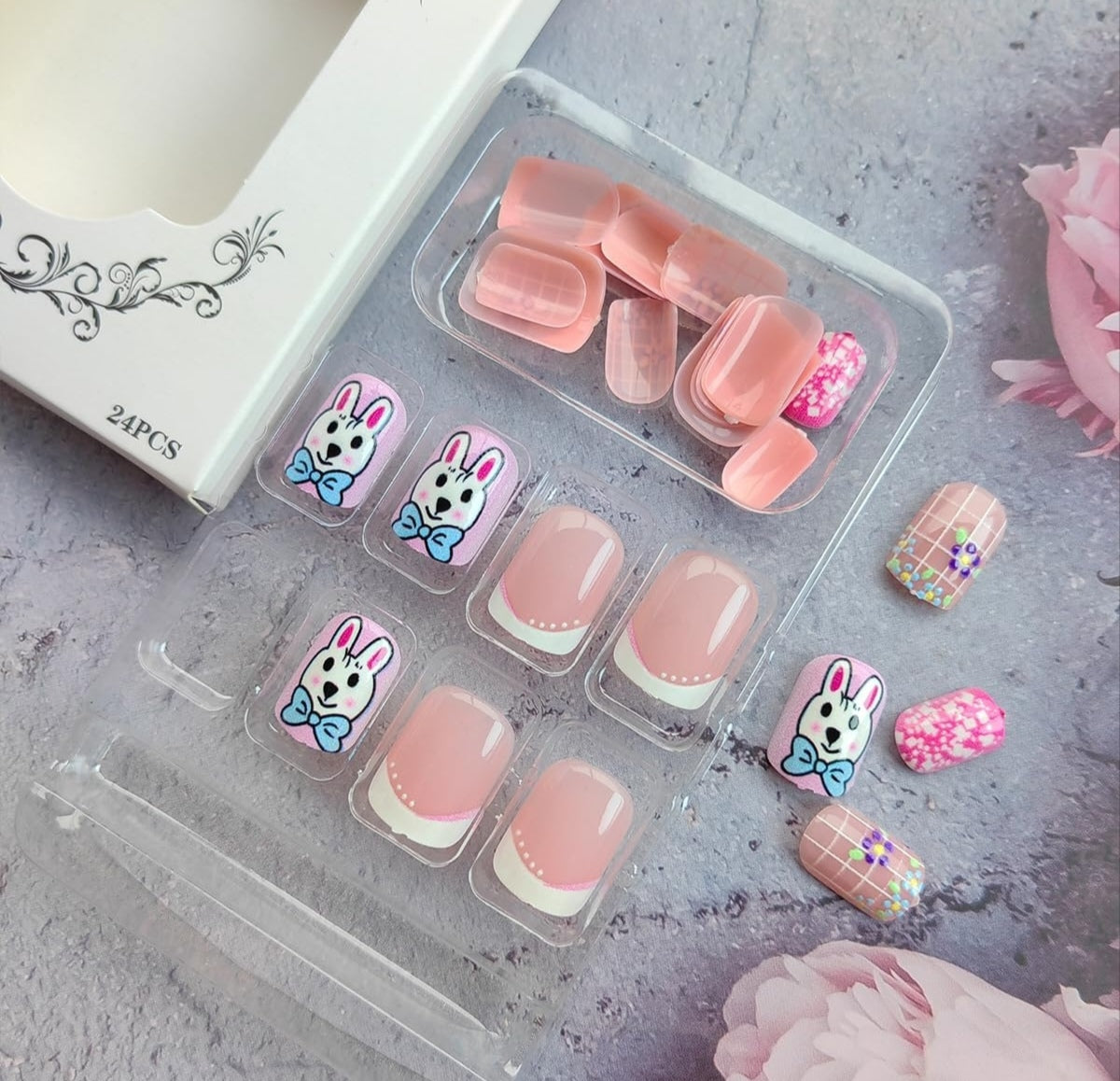 Cute Spring Bunny Floral French Press-On Nails Fake Artificial Nails 24 Pcs – Free Shipping