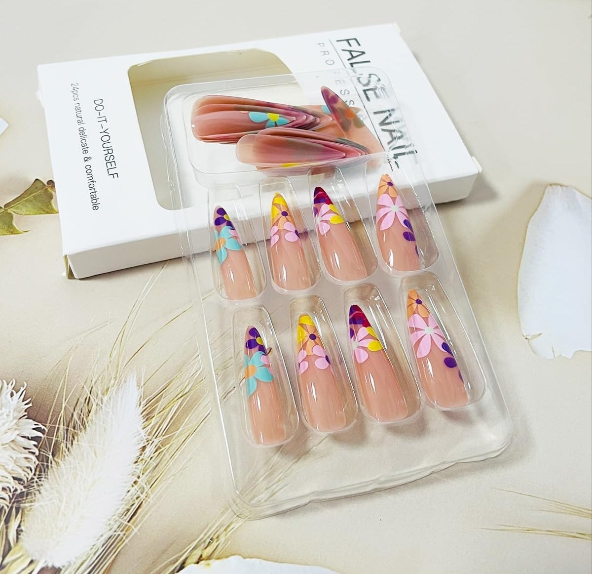 Colorful Floral Blooms Long Stiletto Press-On Nails Acrylic False Nails-Free Shipping