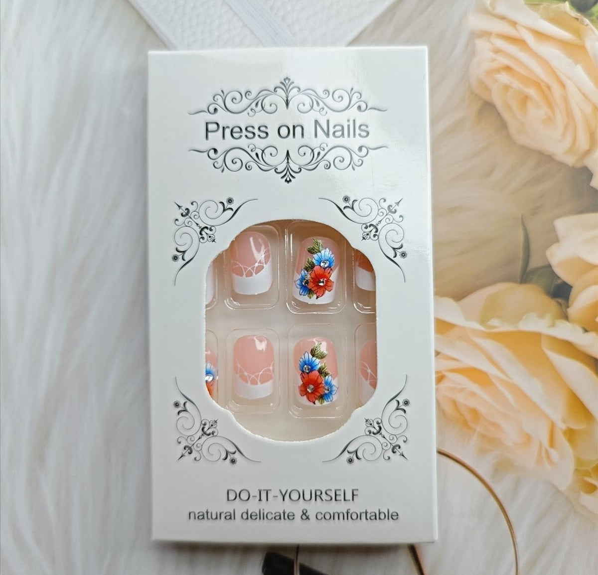 French Tip Blue Flower Press-On Nails Fake Artificial Nails 24 Pcs – Free Shipping