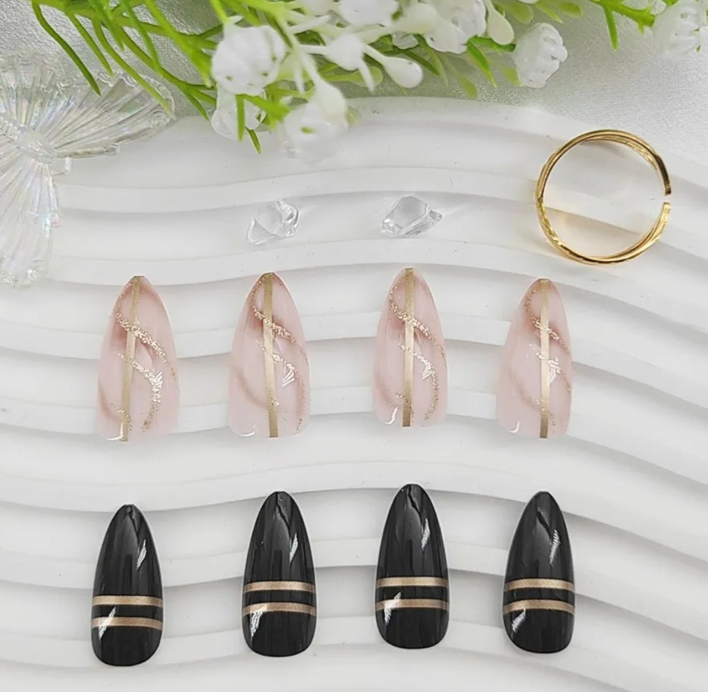 Trendy Black Gold Metallic Press-On Nails Fake Artificial Nails 24 Pcs–Free Shipping