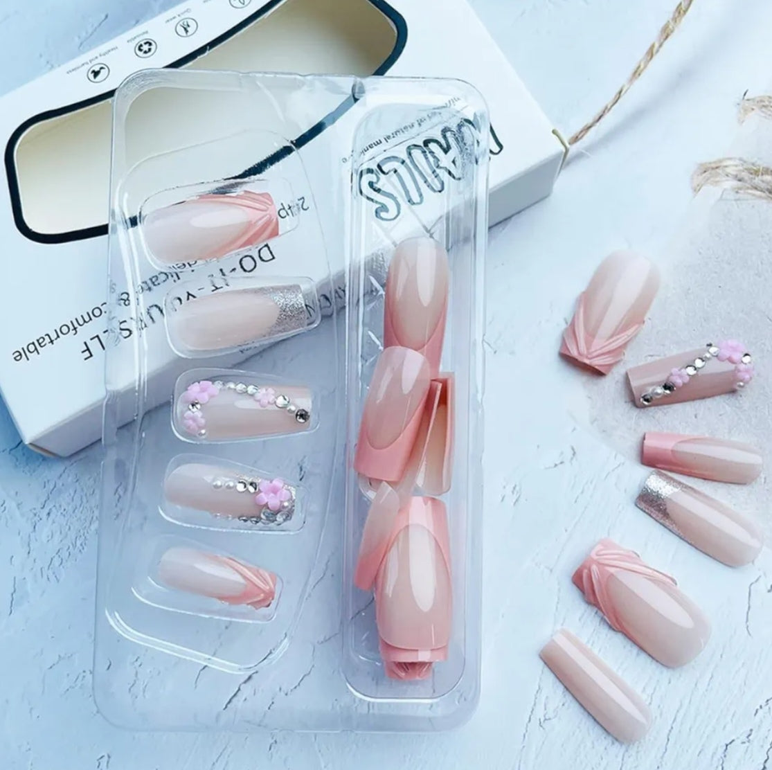 Elegant 3D Pink French Floral Rhinestone Press-On Nails Fake Artificial Nails 24 Pcs-Free Shipping