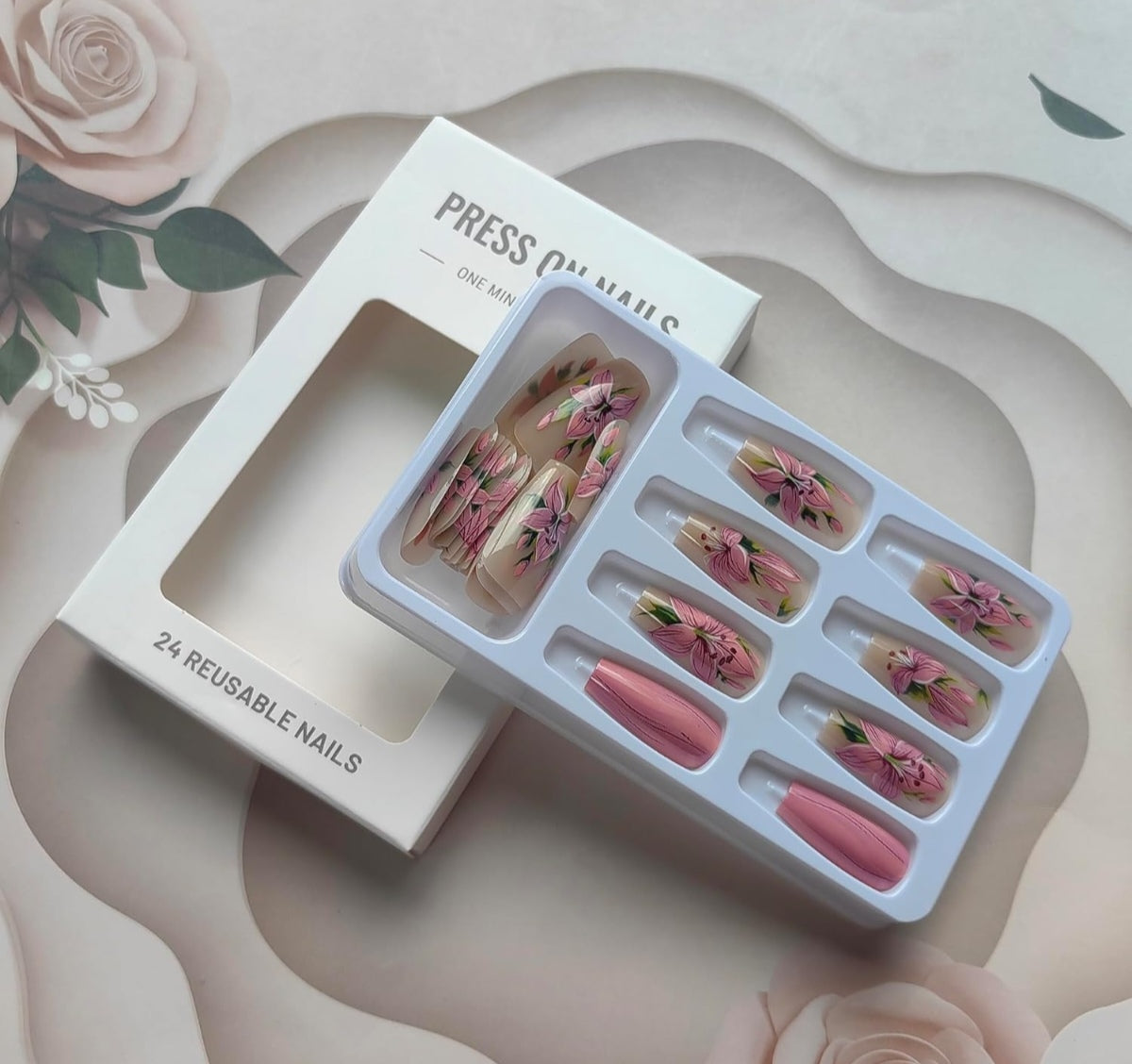 Pink Lily Floral Press-On Nails Artificial Nails 24 Pcs - Free Shipping