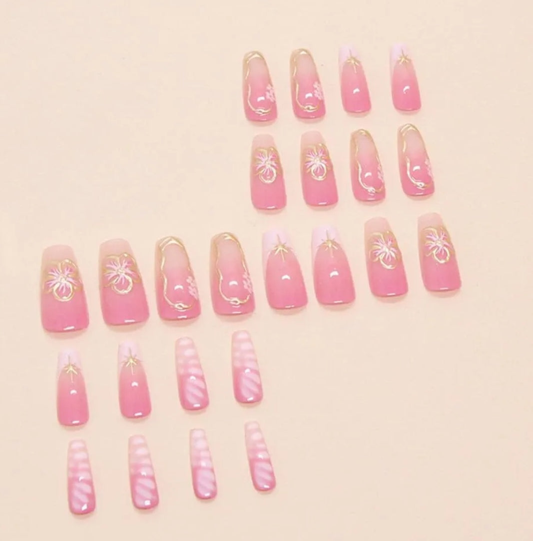 Stylish Pink Gold Butterfly Floral Nails Press-On Nails Fake Artificial Nails 24 Pcs-Free Shipping