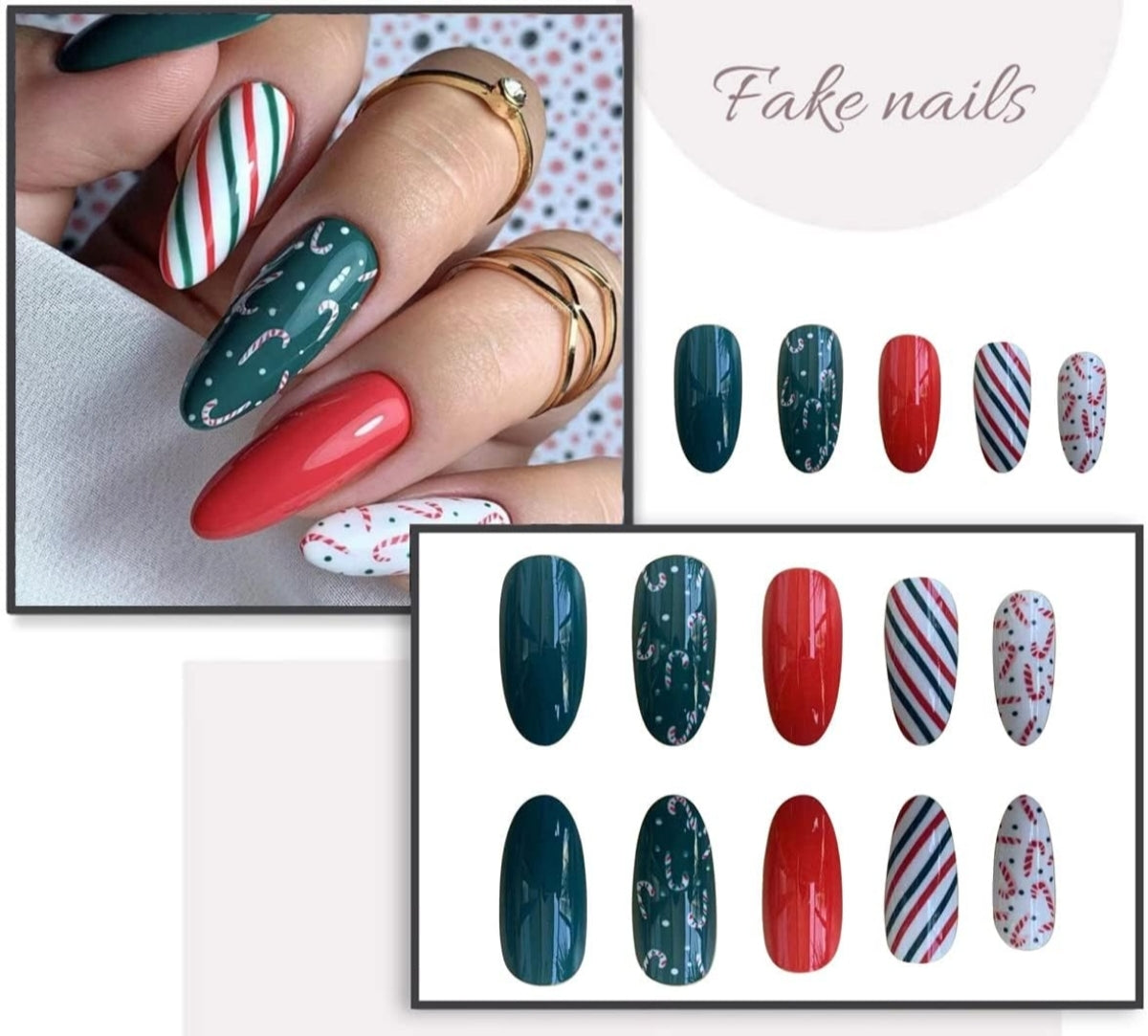 Colorful Candy Cane Stripes Christmas Press-On Nails Acrylic False Nails-Free Shipping