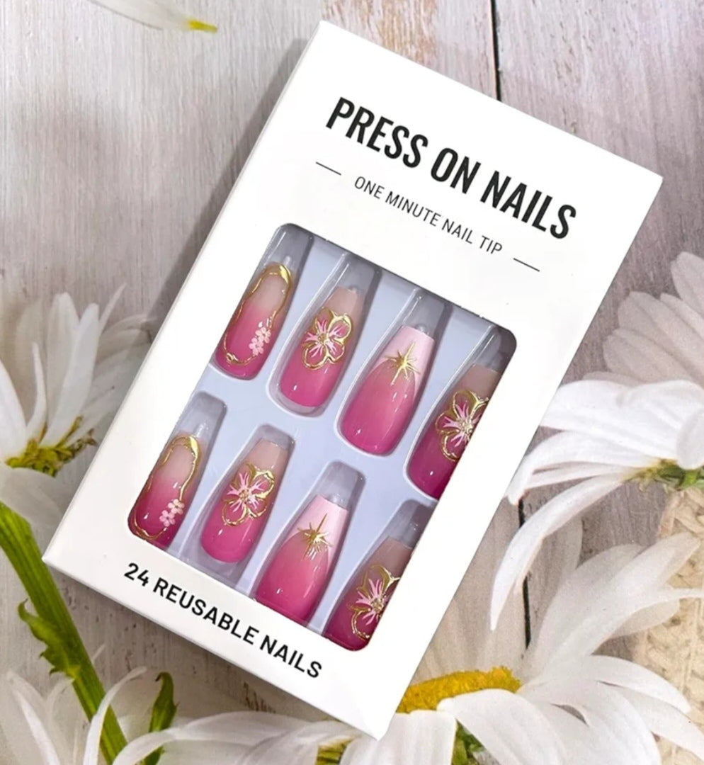 Stylish Pink Gold Butterfly Floral Nails Press-On Nails Fake Artificial Nails 24 Pcs-Free Shipping