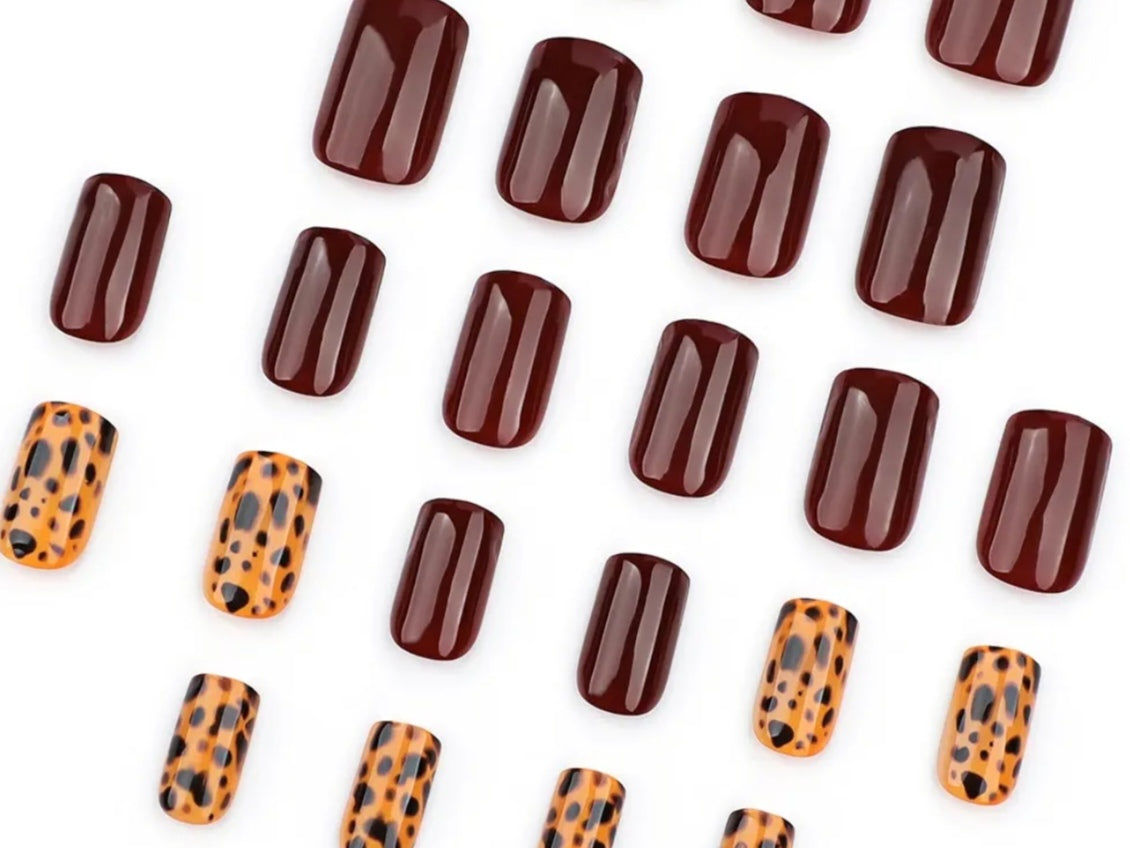 Chic Burgundy Leopard Print Press-On Nails Fake Artificial Nails 24 Pcs - Free Shipping