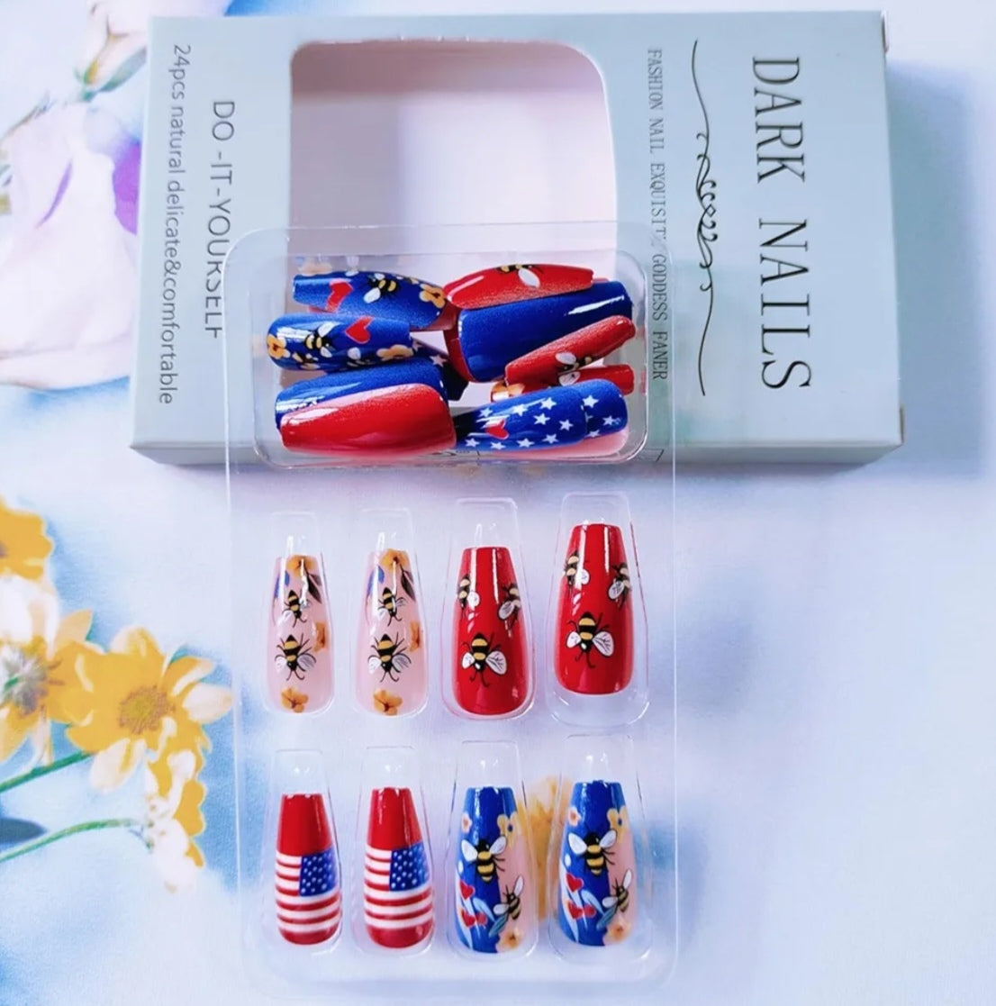 Fun Floral Bee Heart Patriotic Design Press-On Nails Fake Artificial Nails 24 Pcs - Free Shipping