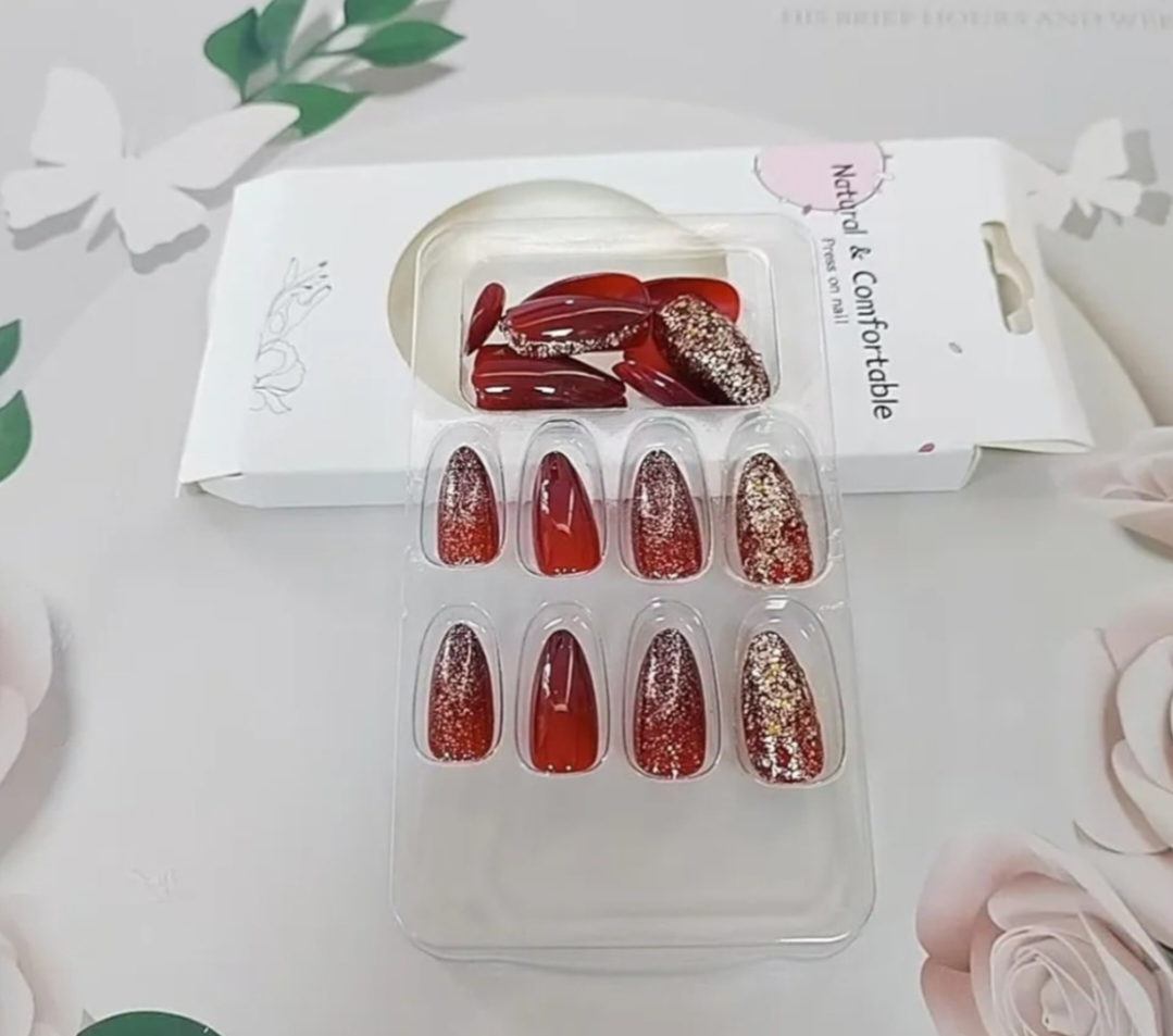 Elegant Red Gold Glitter Press-On Nails Fake Artificial Nails 24 Pcs – Free Shipping