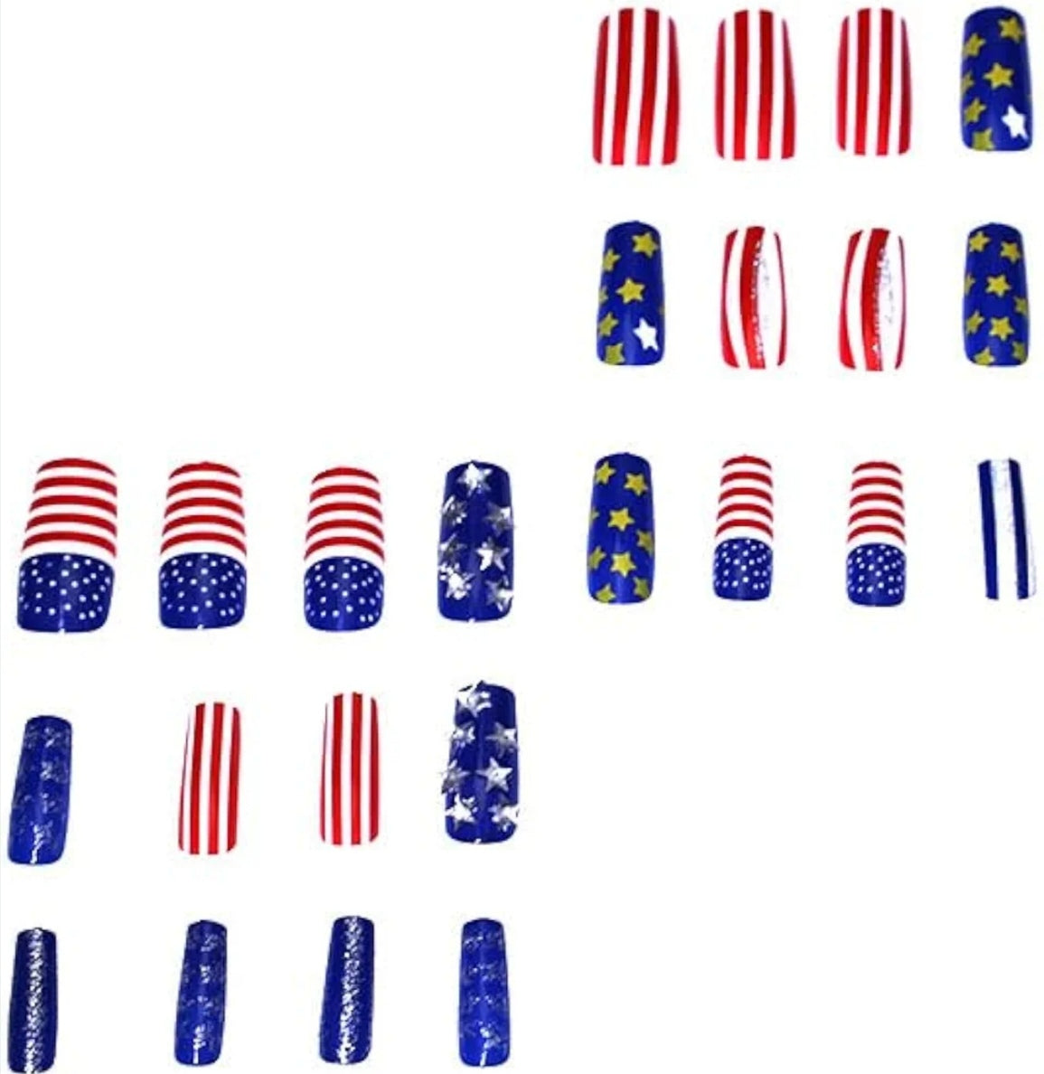 Stylish Patriotic Rhinestone Stars and Stripes Press-On Nails Fake Artificial Nails 24 Pcs – Free Shipping