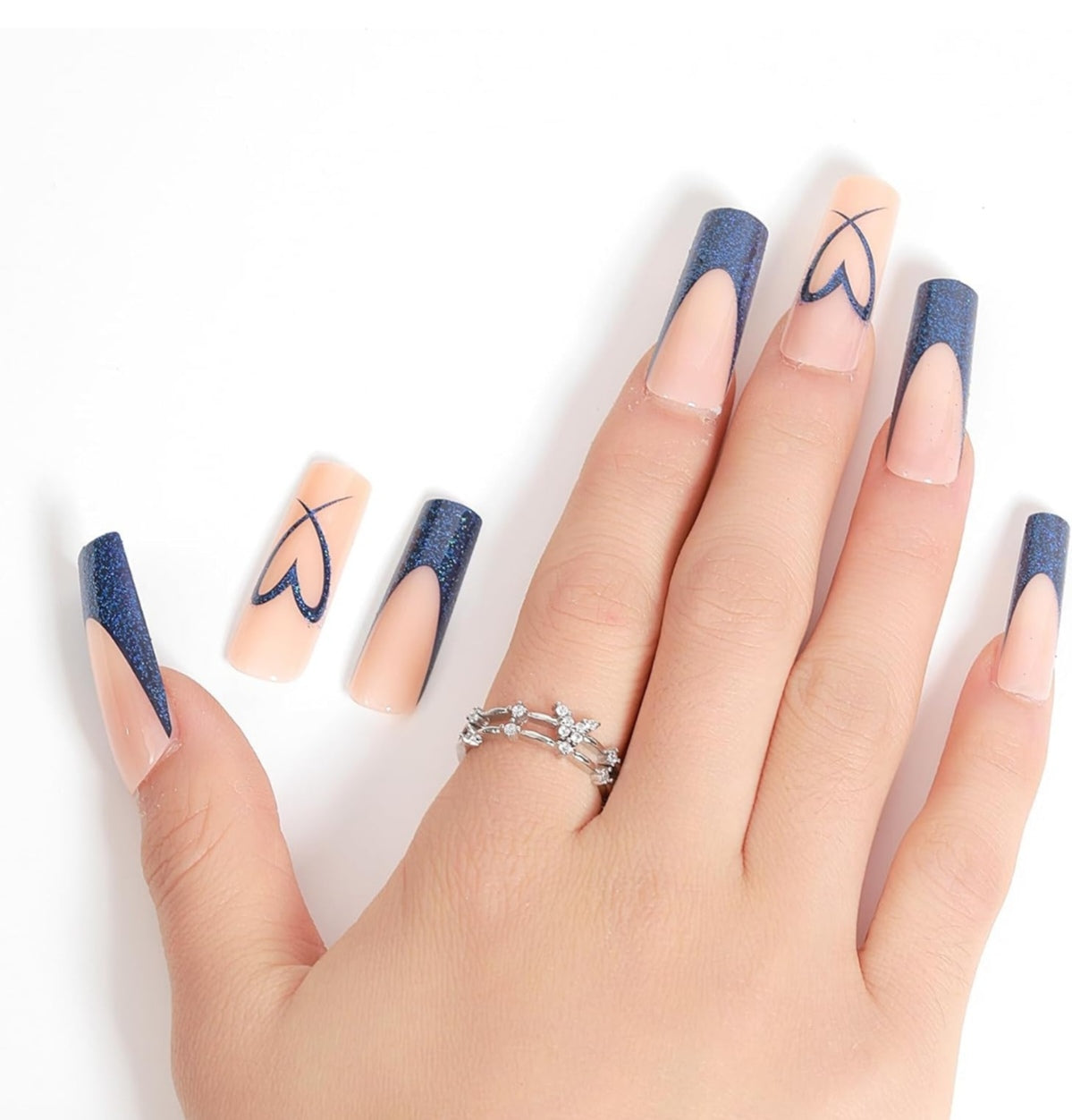 Blue Heart French Glitter Long Coffin Press-On Nails Acrylic False Nails-Free Shipping
