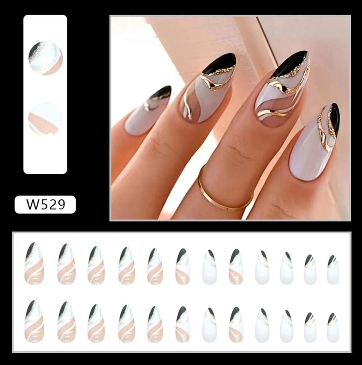 Glamorous Black Gold Abstract Almond Press-On Acrylic Fake Nails-Free Shipping