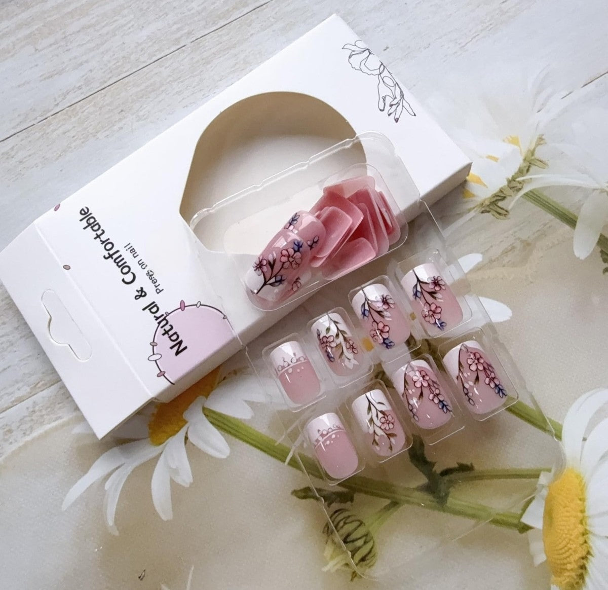 Chic French Floral Tip Press-On Nails Artificial Nails 24 Pcs - Free Shipping