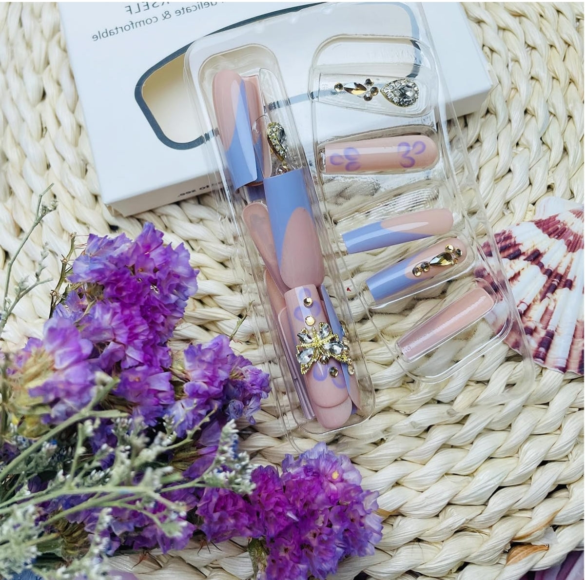 Butterfly Rhinestone French Coffin Press-On Nails Acrylic Fake Nails - Free Shipping