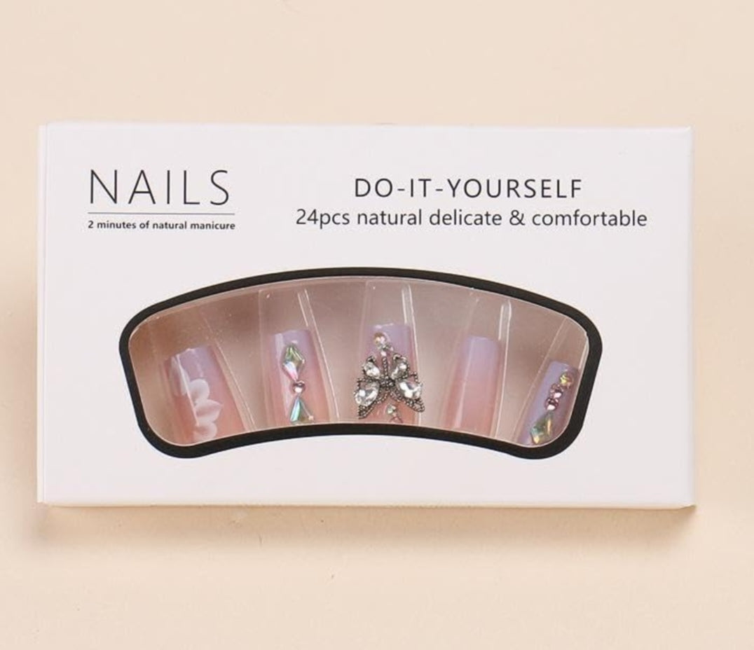 Stylish Ombre 3D Floral Butterfly Rhinestone Coffin Press-On Nails Artificial Nails 24 Pcs - Free Shipping