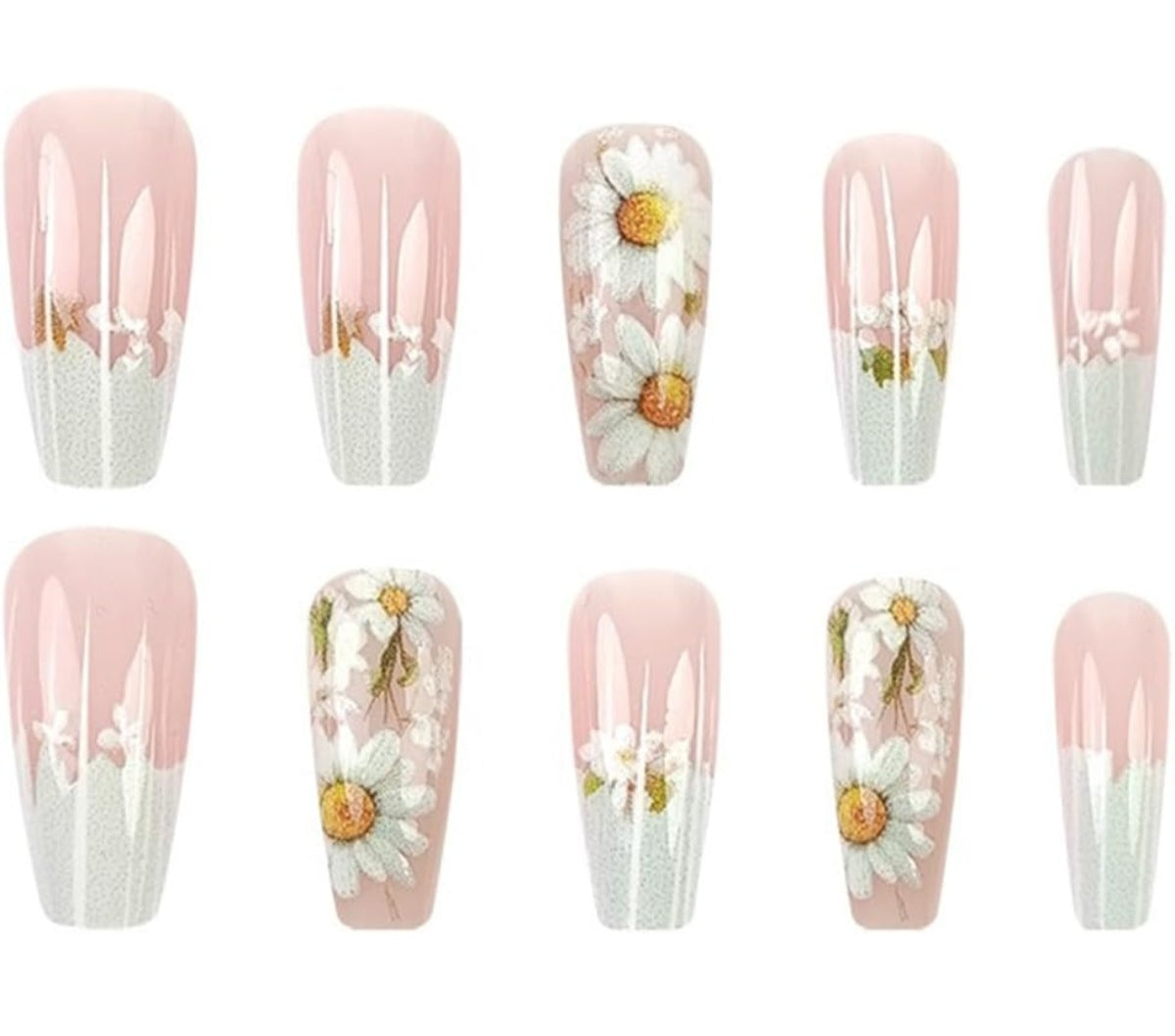 Cute Daisy Floral French Tip Press-On Nails Fake Nails 24 Pcs - Free Shipping