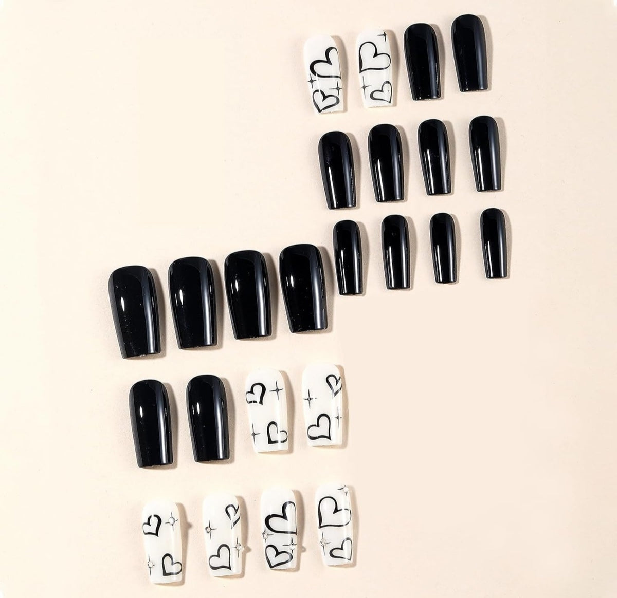 Chic Black White Heart Rhinestone Coffin Press-On Nails Acrylic False Nails-Free Shipping
