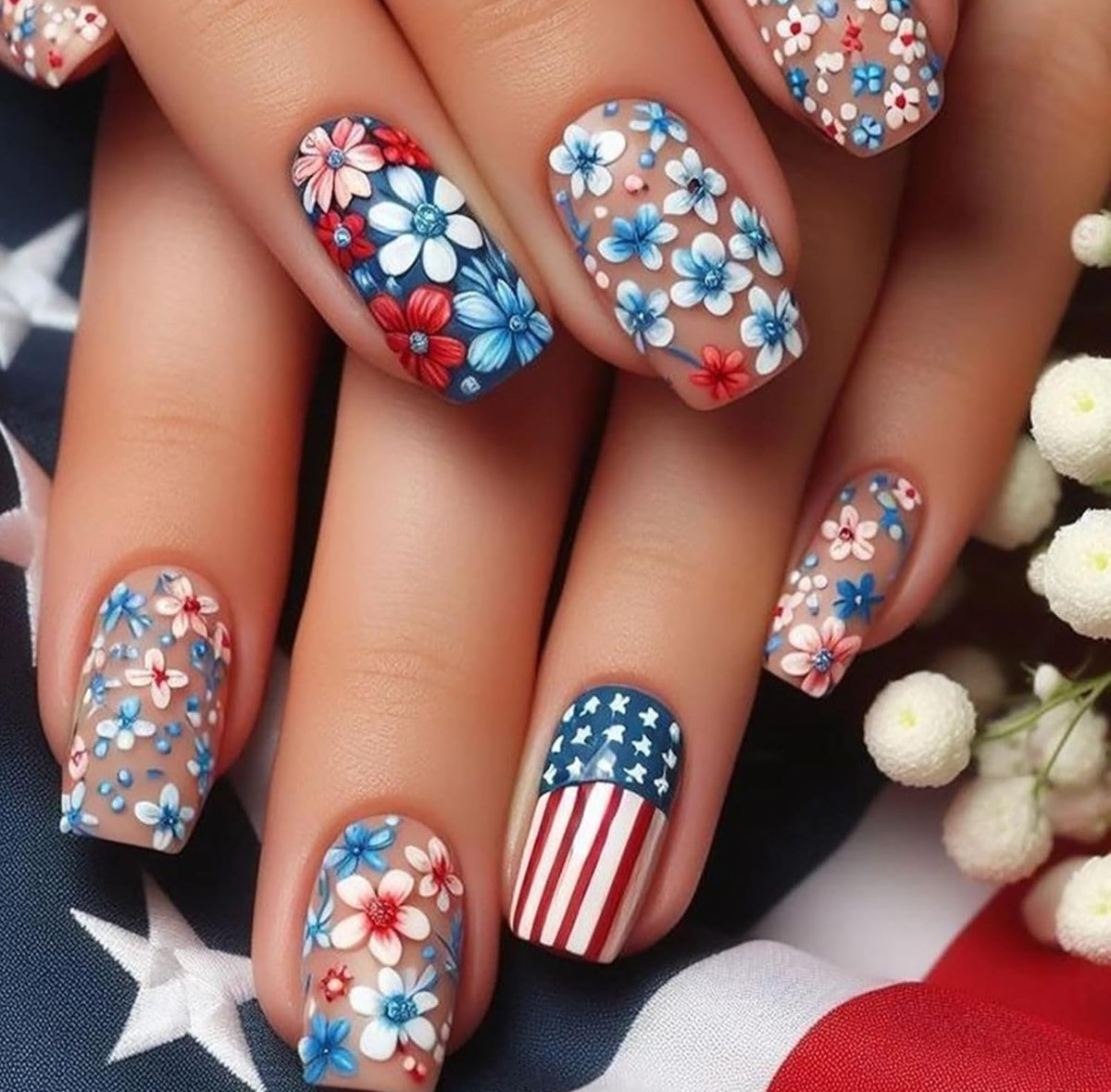 Red Blue Floral American Flag Design Press-On Nails Fake Artificial Nails 24 Pcs – Free Shipping