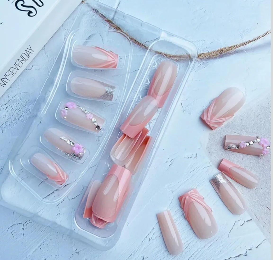 Elegant 3D Pink French Floral Rhinestone Press-On Nails Fake Artificial Nails 24 Pcs-Free Shipping