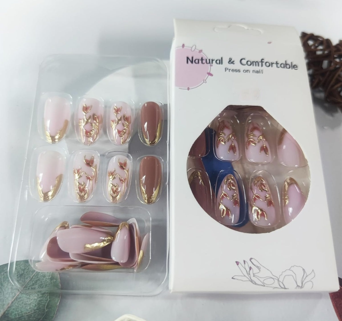 Elegant Gold French Tip 3D Almond Floral Press-On False Nails 24 Pcs – Free Shipping