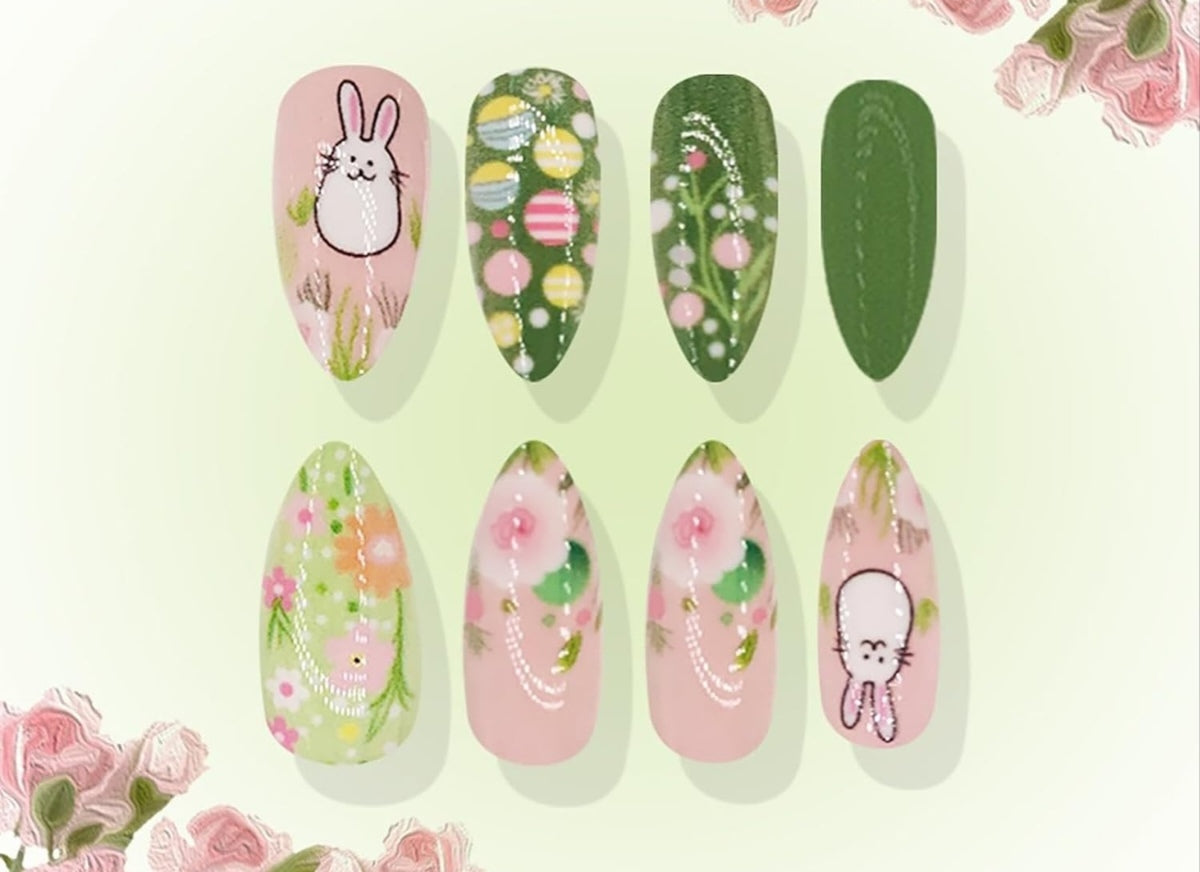 Cute Bunny Spring 3D Egg Art Floral Press-On Nails Fake Artificial Nails 24 Pcs-Free Shipping