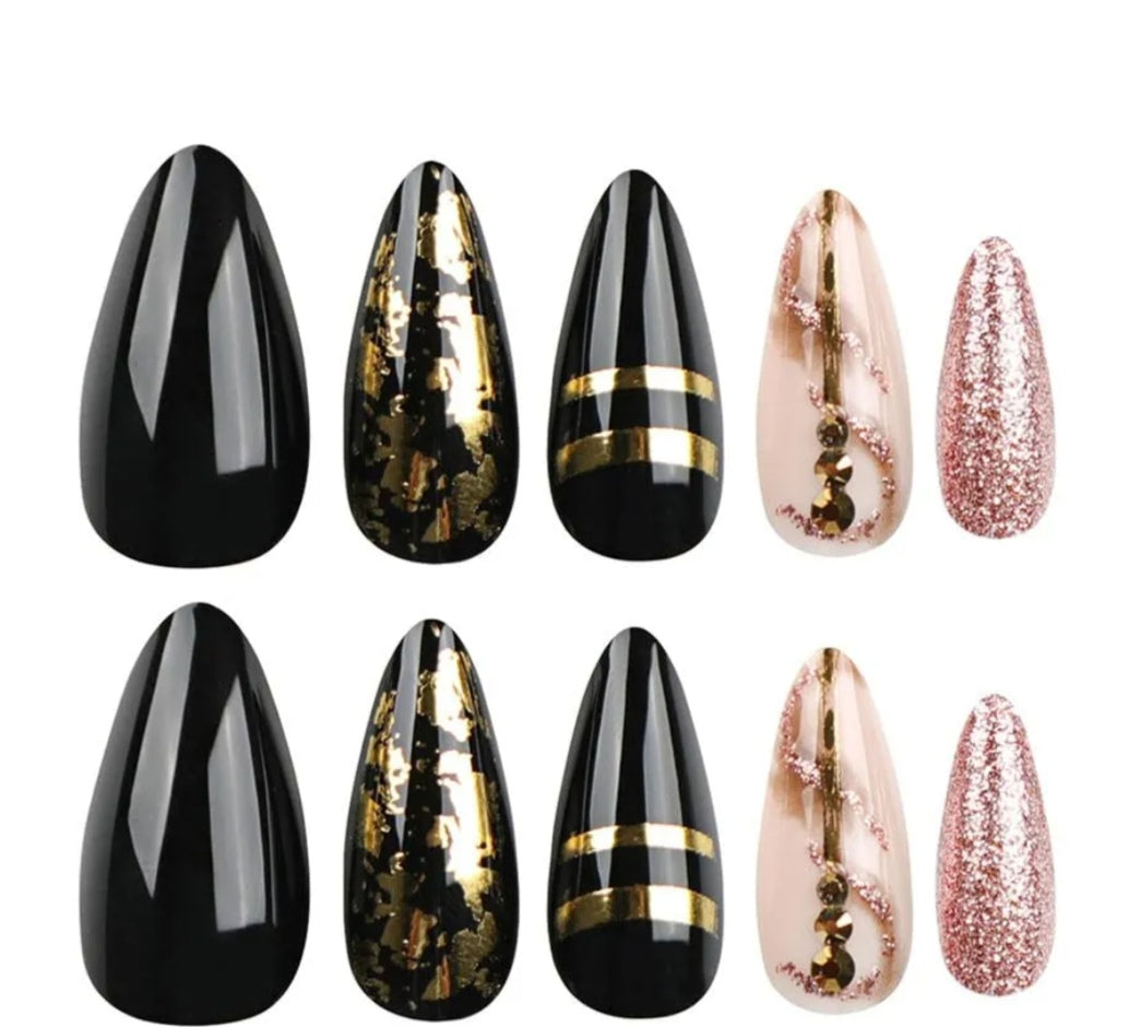Trendy Black Gold Metallic Press-On Nails Fake Artificial Nails 24 Pcs–Free Shipping