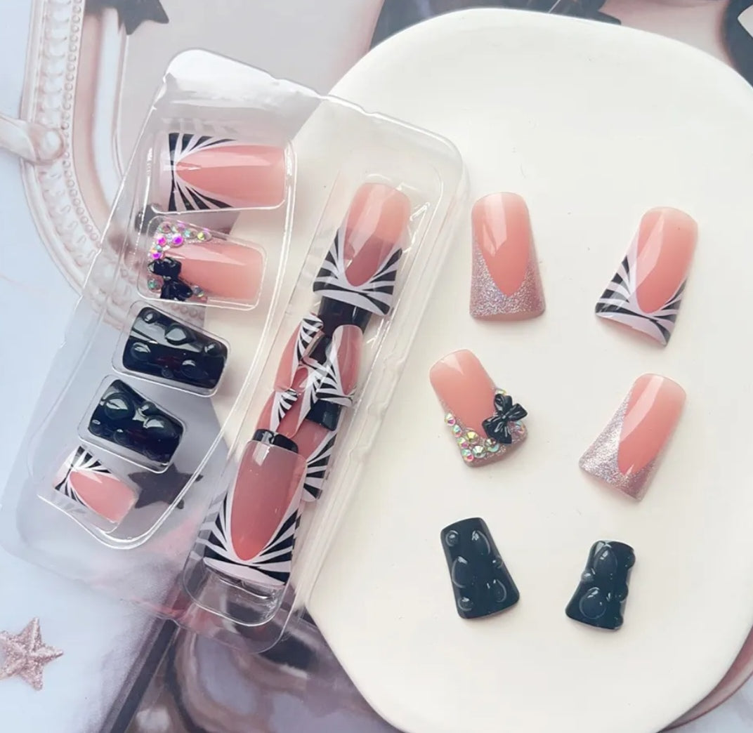 Chic 3D Butterfly Rhinestone Dotted Press-On Nails Duck Shape Fake Artificial Nails 24 Pcs-Free Shipping