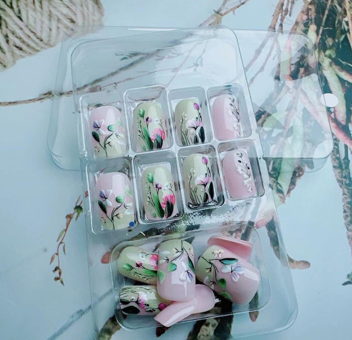 Stunning Hand-Painted Spring 3D Floral Press-On Nails Fake Artificial Nails 24 Pcs – Free Shipping
