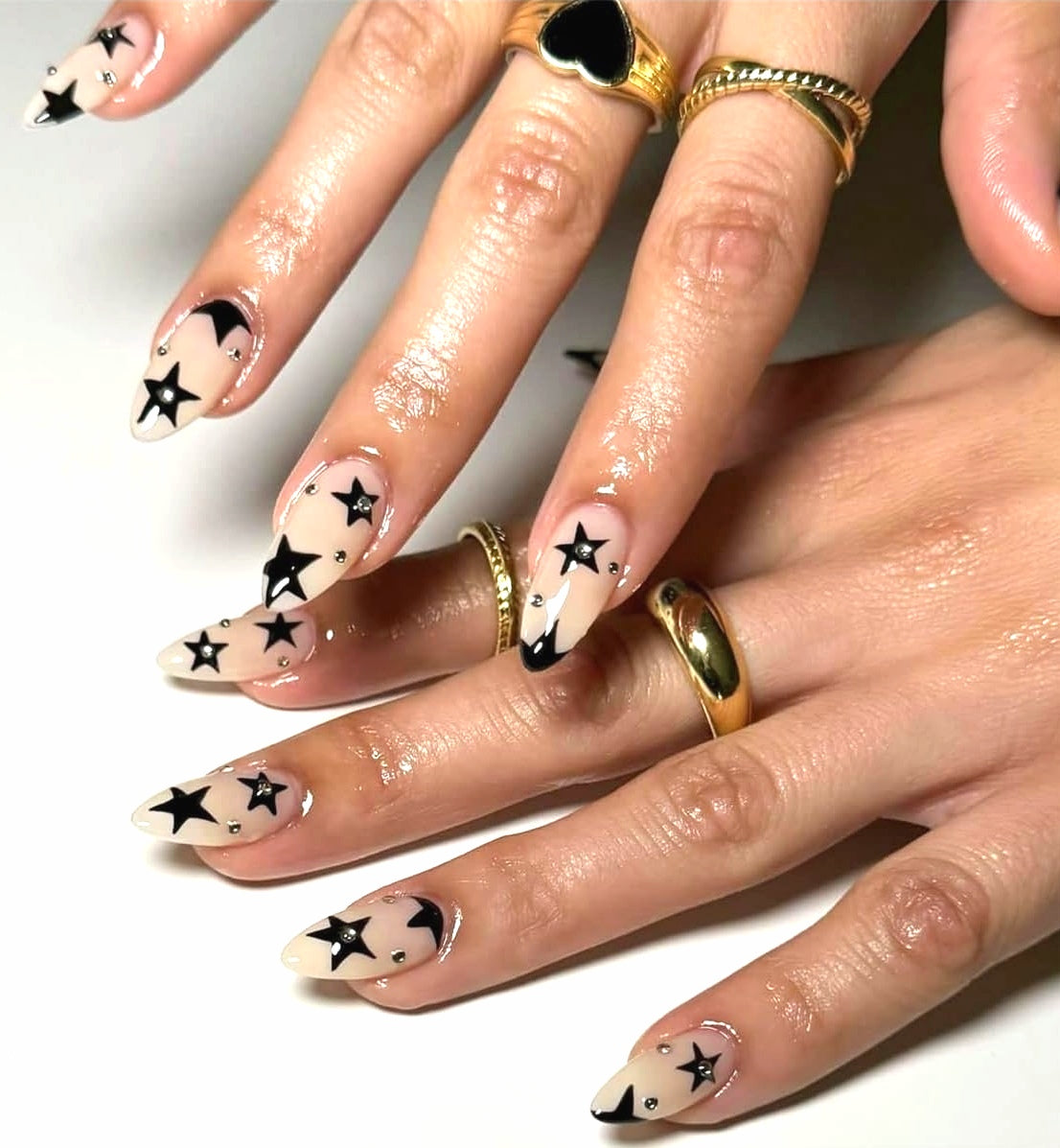 Black Star Rhinestone Almond Press On Acrylic Fake Nails - Free Shipping