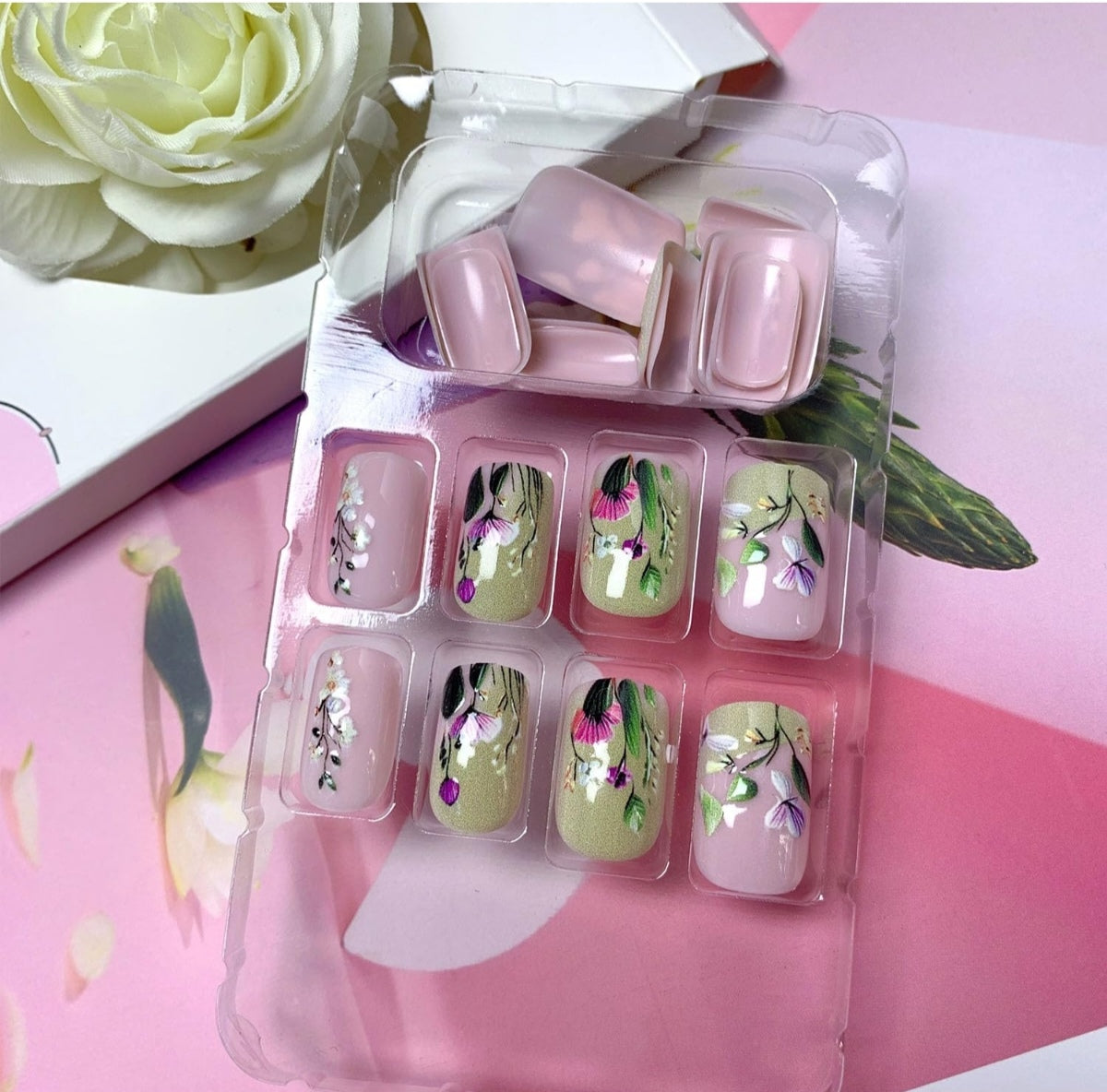 Stunning Hand-Painted Spring 3D Floral Press-On Nails Fake Artificial Nails 24 Pcs – Free Shipping