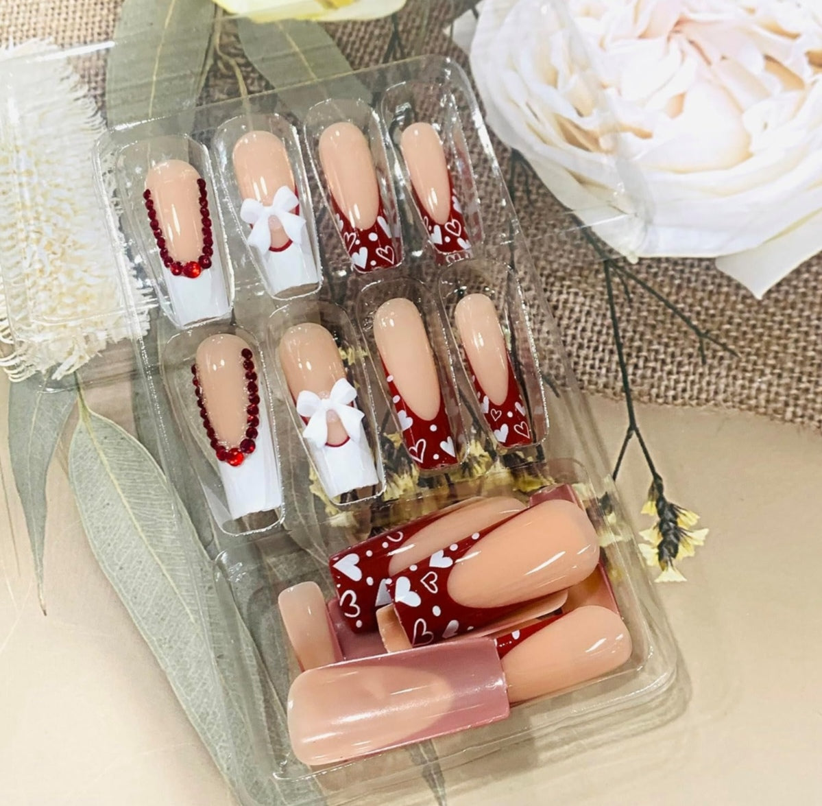 Elegant French Heart 3D Bow Rhinestones Coffin Press-On Nails False Nails 24 Pcs - Free Shipping
