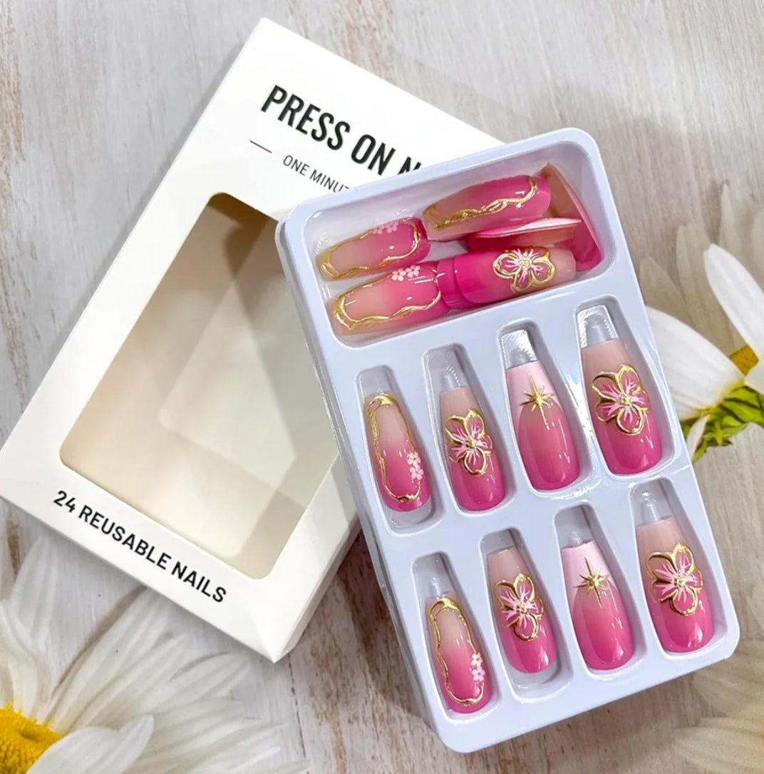 Stylish Pink Gold Butterfly Floral Nails Press-On Nails Fake Artificial Nails 24 Pcs-Free Shipping