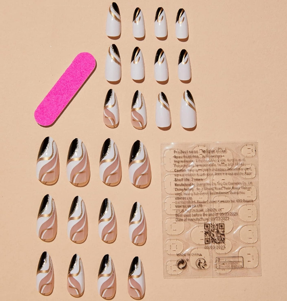 Glamorous Black Gold Abstract Almond Press-On Acrylic Fake Nails-Free Shipping