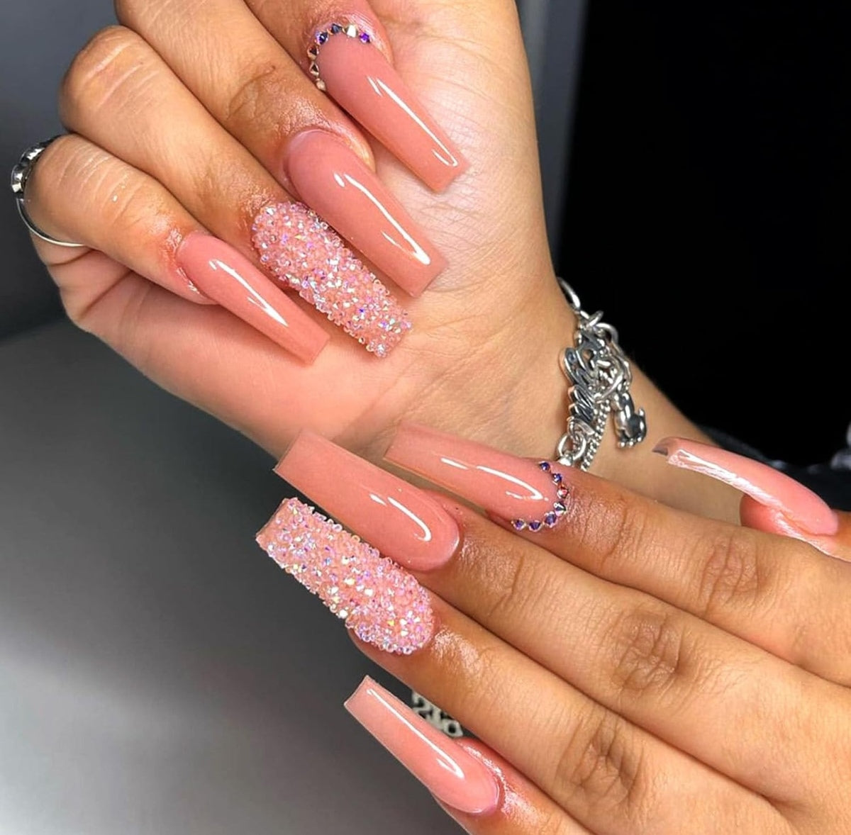 Glitter Nude Rhinestone Glam Long Coffin Press-On Nails Artificial Nails 24 Pcs - Free Shipping