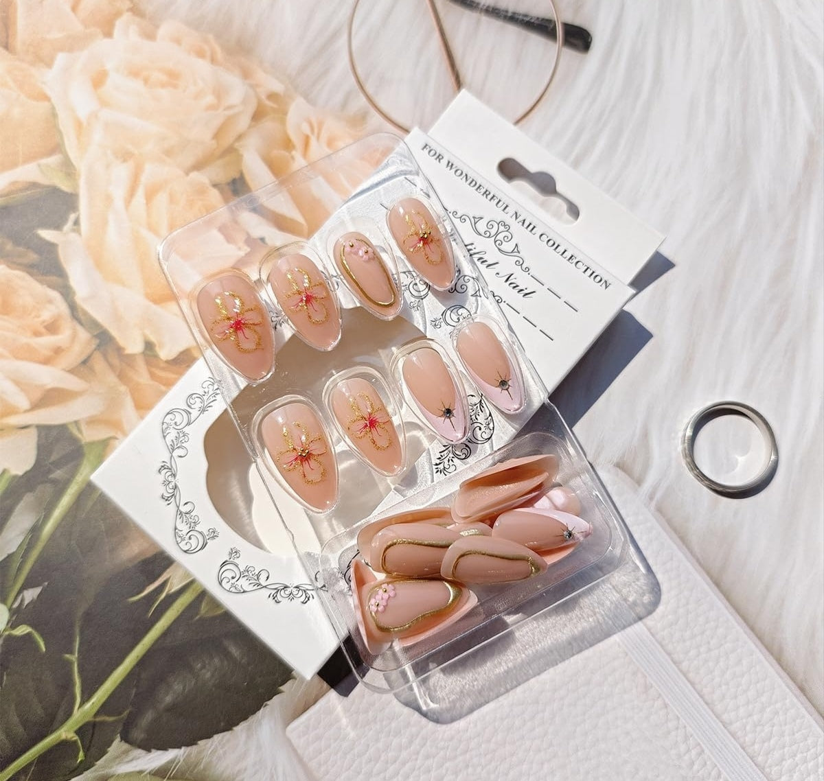 Stylish 3D Gold Floral French Rhinestone Press-On Nails Fake Nails 24 Pcs - Free Shipping