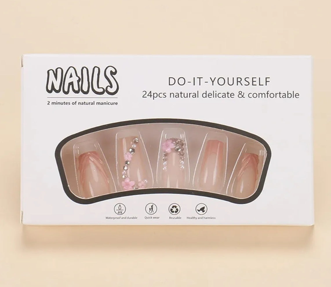 Elegant 3D Pink French Floral Rhinestone Press-On Nails Fake Artificial Nails 24 Pcs-Free Shipping